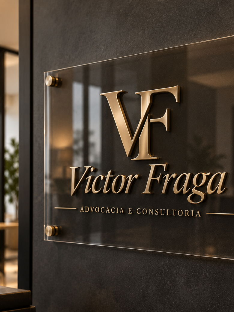Placa do escritório com o logotipo VF — Victor Fraga, Advocacia e Consultoria